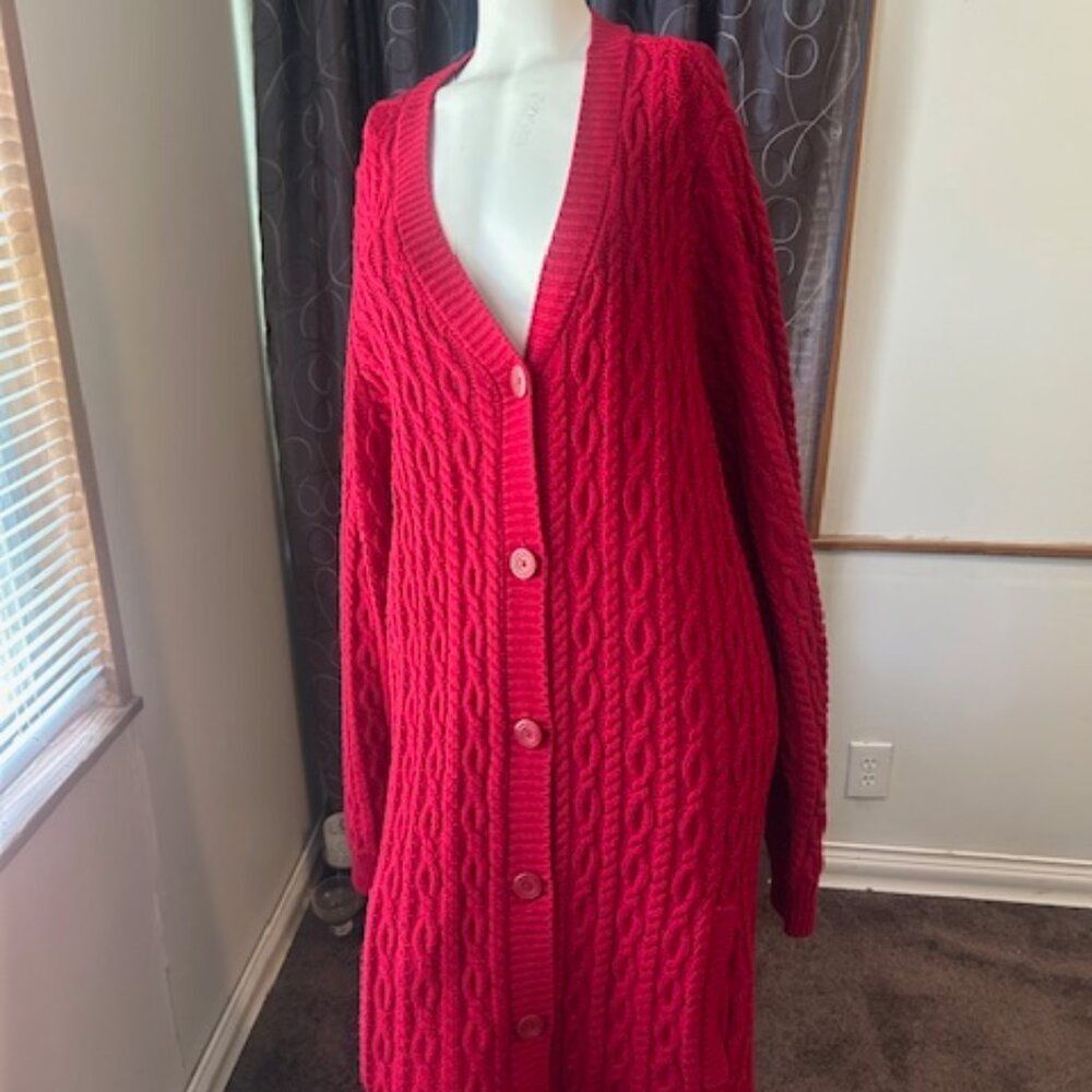 Denim & Co Red cable knit button front V-neck cardigan, size 3X